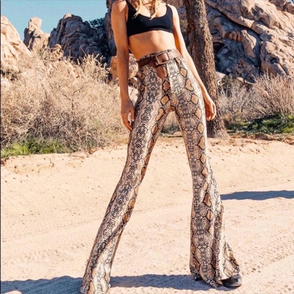PRINCESS POLLY Medusa snakeskin bell bottom flare pants high waisted